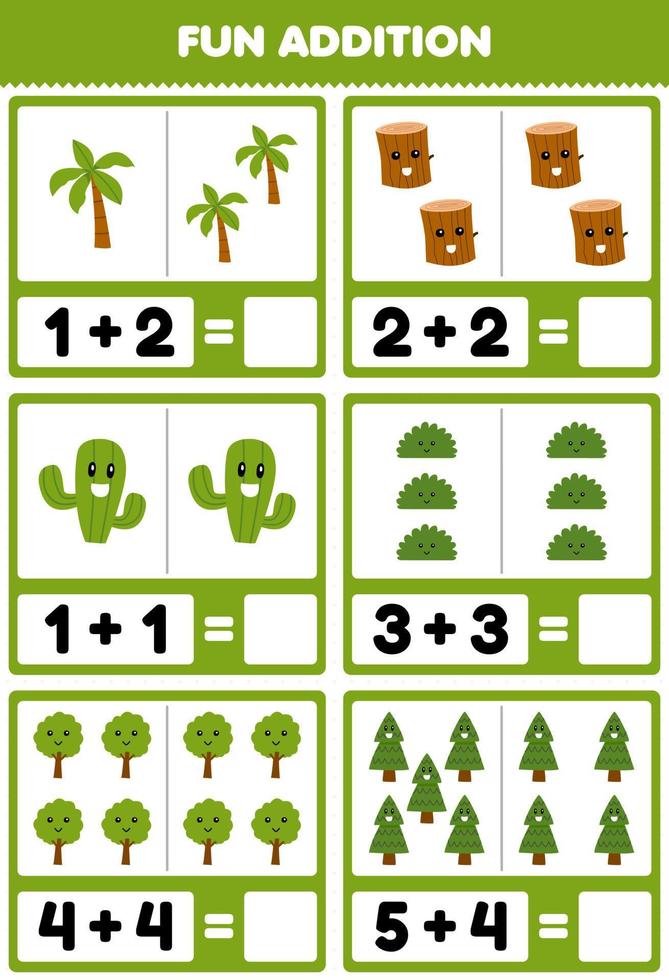 Lernspiel für Kinder Spaß Addition durch Zählen und Summe von niedlichen Cartoon-Kaktusbaum Holzstamm Busch druckbares Naturarbeitsblatt vektor