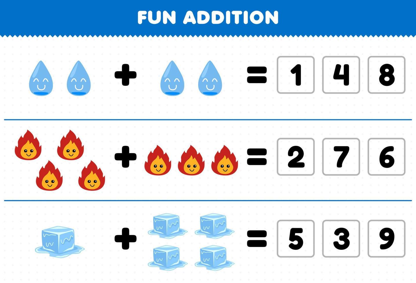 Lernspiel für Kinder Spaß Addition durch Erraten der richtigen Anzahl von niedlichen Cartoons Wasser Feuer Eis druckbares Naturarbeitsblatt vektor