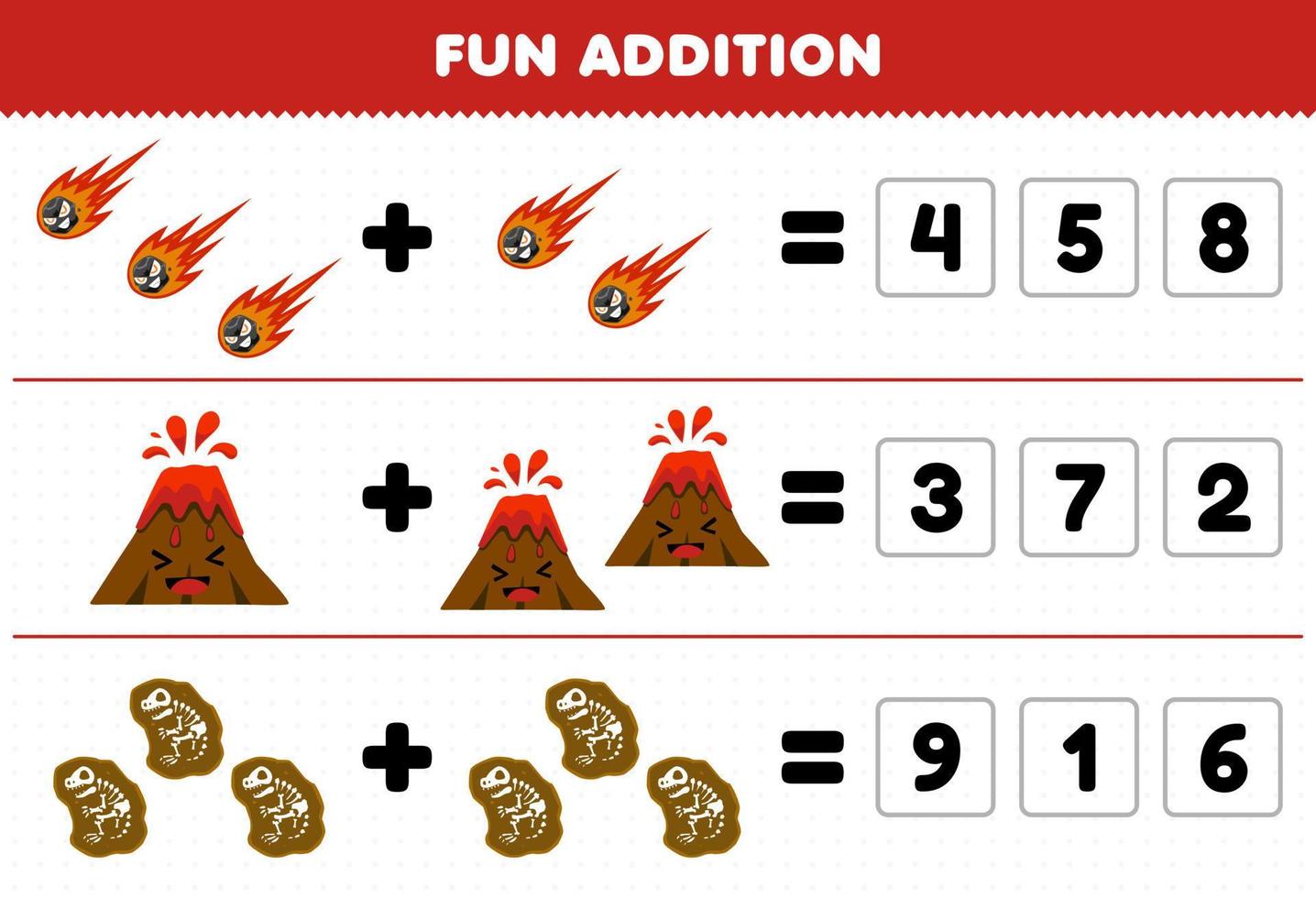 Lernspiel für Kinder Spaß Addition durch Erraten der richtigen Anzahl von niedlichen Cartoon Meteor Vulkan Fossil Druckbare Natur Arbeitsblatt vektor