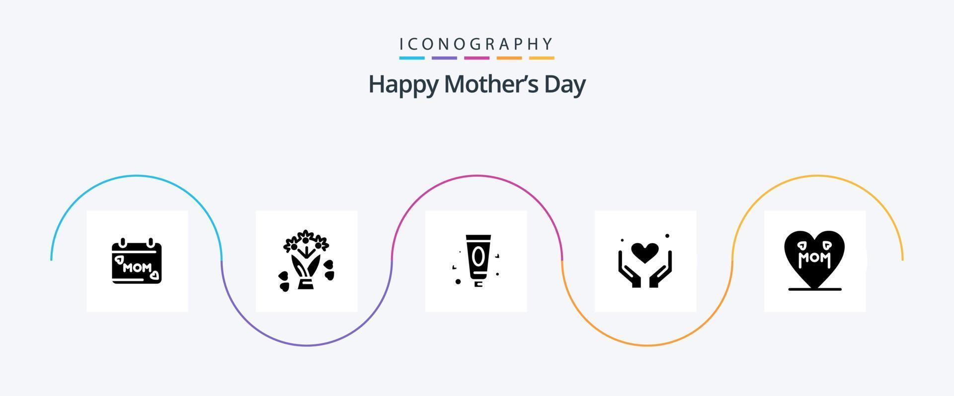 Lycklig mödrar dag glyf 5 ikon packa Inklusive mor. kärlek . gåva. händer . tandkräm vektor