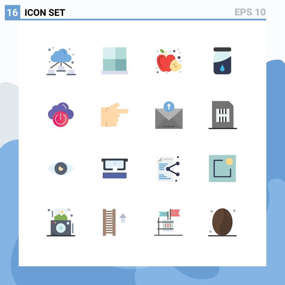 Piktogrammsatz von 16 einfachen flachen Farben der Netzwerkwolken-Apfel-Medikamentenflasche editierbare Packung kreativer Vektordesign-Elemente vektor
