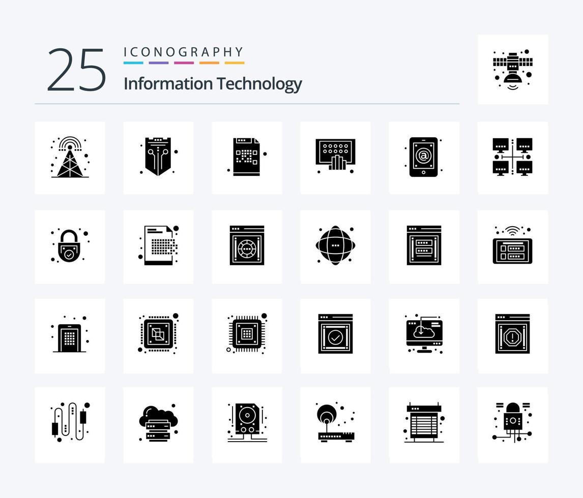 information teknologi 25 fast glyf ikon packa Inklusive telefon. digital. webb. appar. fil vektor