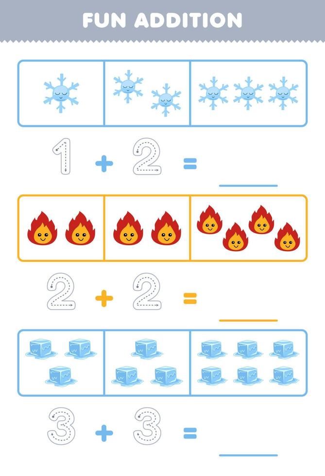 Lernspiel für Kinder, lustige Ergänzung durch Zählen und Verfolgen der Anzahl der niedlichen Cartoon-Schneeflocke-Feuer-Eis-Druckbares Natur-Arbeitsblatt vektor