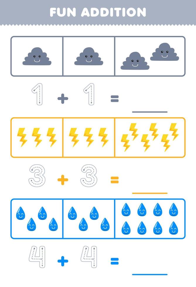 Lernspiel für Kinder, lustige Ergänzung durch Zählen und Verfolgen der Anzahl der niedlichen Cartoon-Wolken-Donnerwasser-Druckbares Natur-Arbeitsblatt vektor