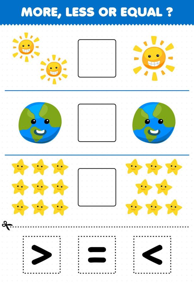 utbildning spel för barn räkna Mer mindre eller likvärdig av tecknad serie Sol planet stjärna sedan skära och lim de korrekt tecken natur kalkylblad vektor