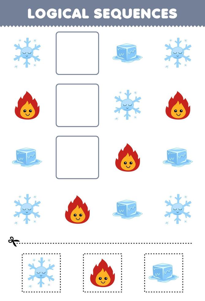 utbildning spel för barn logisk sekvenser för barn med söt tecknad serie snöflinga brand is tryckbar natur kalkylblad vektor