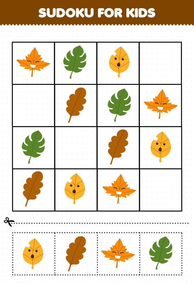 utbildning spel för barn sudoku för barn med söt tecknad serie blad tryckbar natur kalkylblad vektor