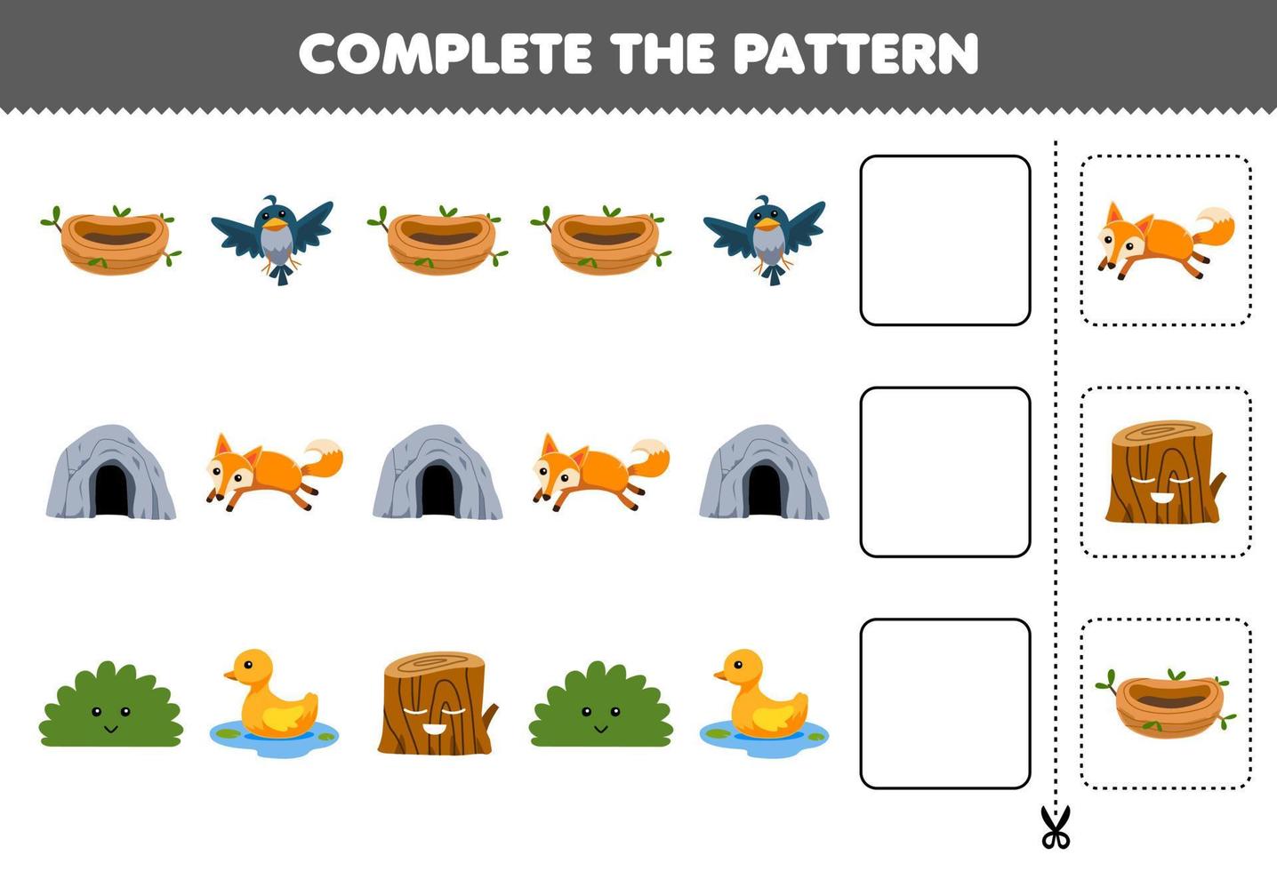 Lernspiel für Kinder Schneiden und vervollständigen Sie das Muster jeder Reihe aus einem niedlichen Cartoon-Vogelnesthöhlenfuchsbusch-Entenholz-Arbeitsblatt vektor