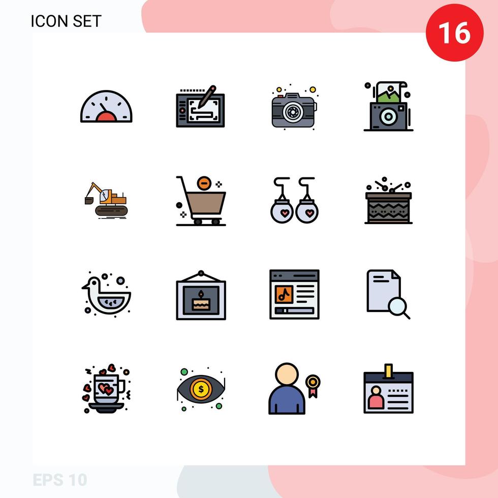 redigerbar vektor linje packa av 16 enkel platt Färg fylld rader av kran fotografi layout Foto lins redigerbar kreativ vektor design element