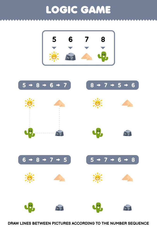 Lernspiel für Kinder Zeichnen Sie Linien gemäß den Zahlenfolgen von niedlichen Cartoon-Sonnenstein-Sand-Kaktus-Bildern zum Ausdrucken des Natur-Arbeitsblatts vektor