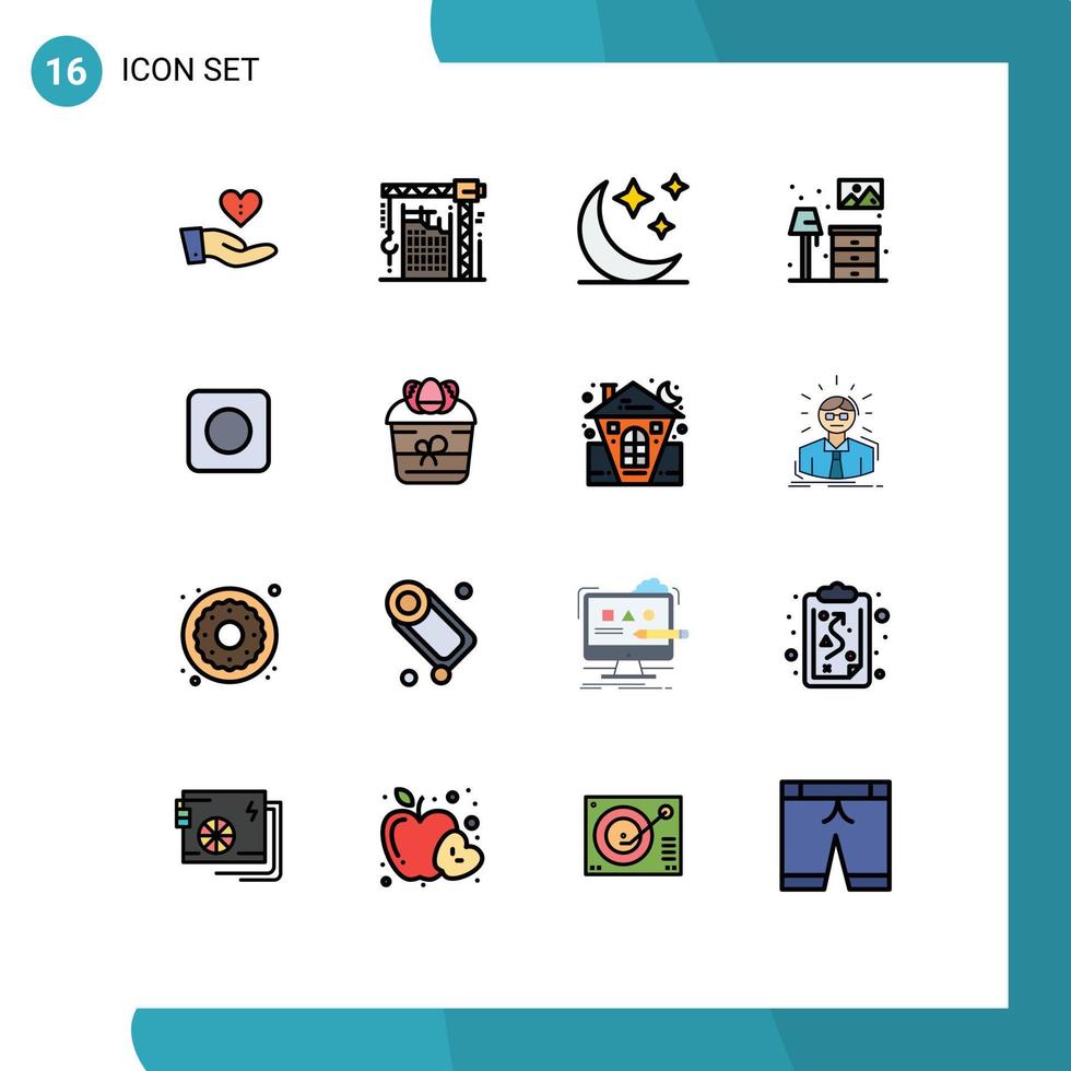 16 universelle, flache, farbig gefüllte Linienzeichen Symbole von App-Möbeln, Wohnen, Nacht, bearbeitbare kreative Vektordesign-Elemente vektor