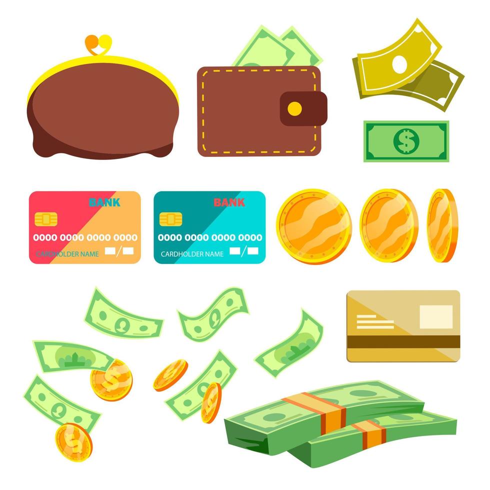 Einkaufssymbole Vektor. Brieftasche, Geld, Kreditkarte. isolierte karikaturillustration vektor
