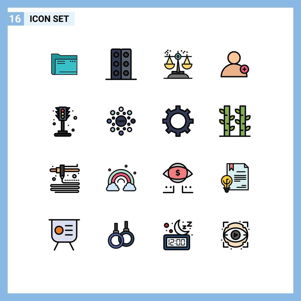 modern uppsättning av 16 platt Färg fylld rader pictograph av ny lag labb dom slutsats redigerbar kreativ vektor design element