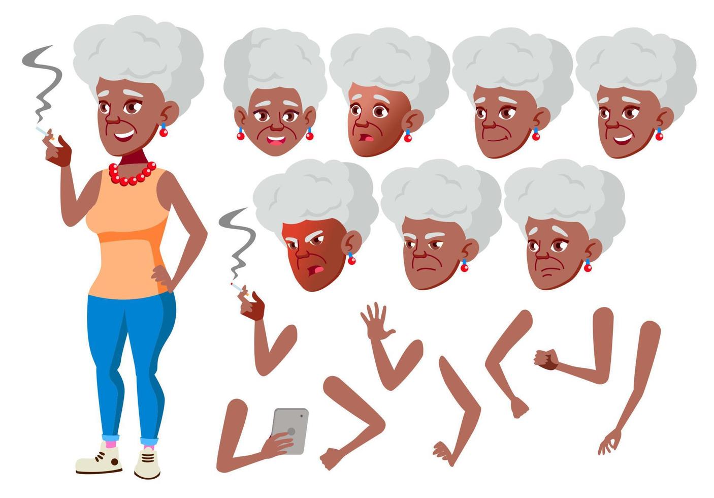 gammal kvinna vektor. svart. afro amerikansk.senior person. åldrig, äldre människor. vuxen människor. tillfällig. ansikte känslor, olika gester. animering skapande uppsättning. isolerat platt tecknad serie karaktär illustration vektor