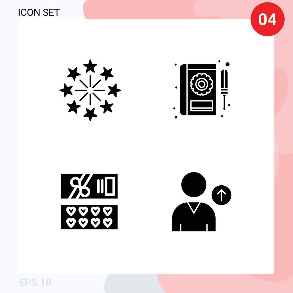 Gruppe von 4 modernen soliden Glyphen, die für Feiern, Geschenk, Unabhängigkeitstag, manuelle Liebe, editierbare Vektordesign-Elemente festgelegt wurden vektor