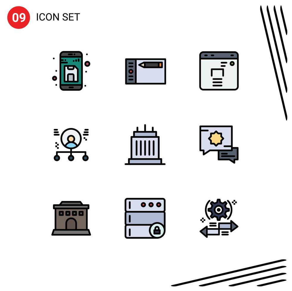 9 universelle Filledline-Flachfarben für Web- und mobile Anwendungen, Gebäude, Tablet, menschliche Fähigkeiten, editierbare Vektordesign-Elemente vektor