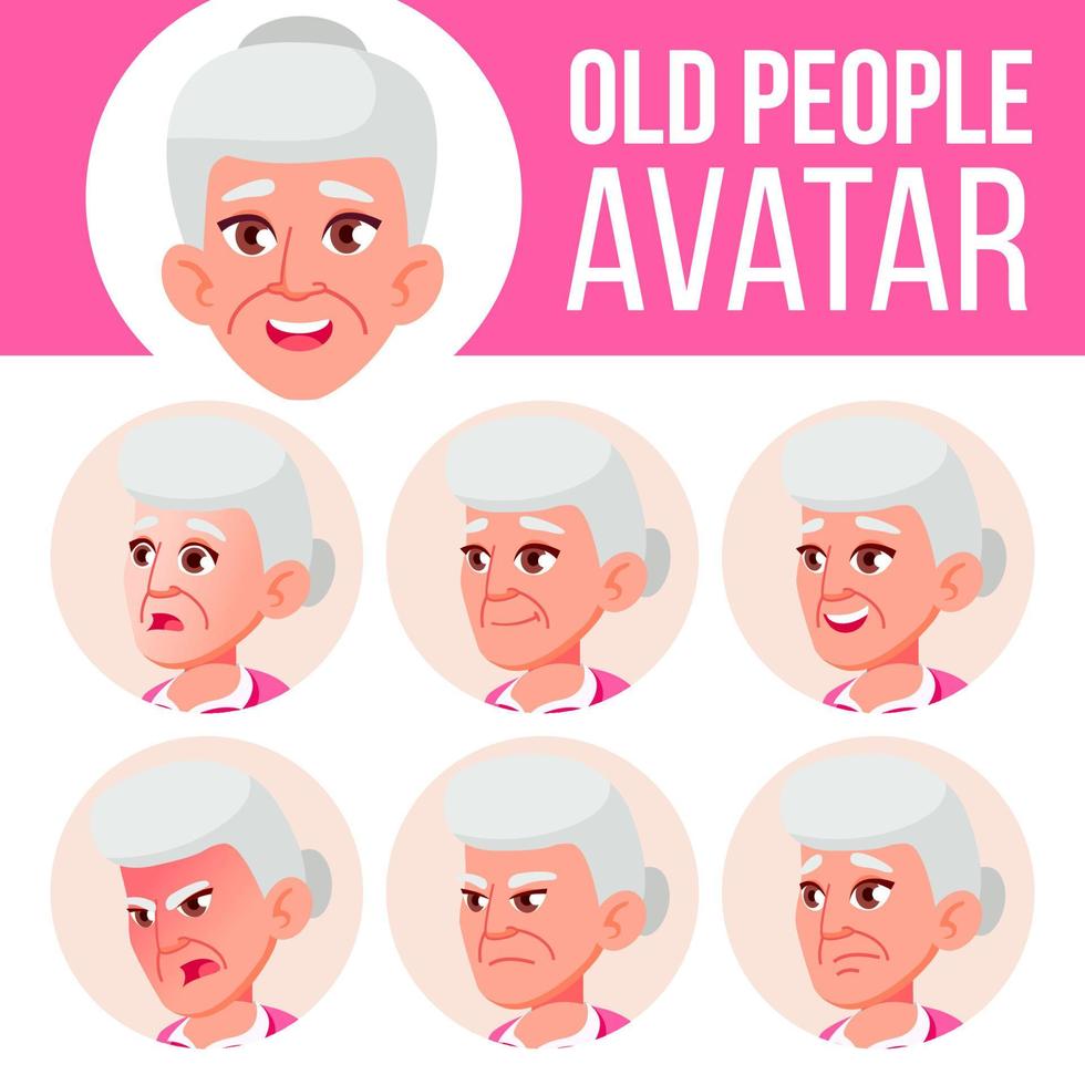 gammal kvinna avatar uppsättning vektor. ansikte känslor. senior person porträtt. äldre människor. åldrig. huvud, ikon. lycka njutning. tecknad serie huvud illustration vektor
