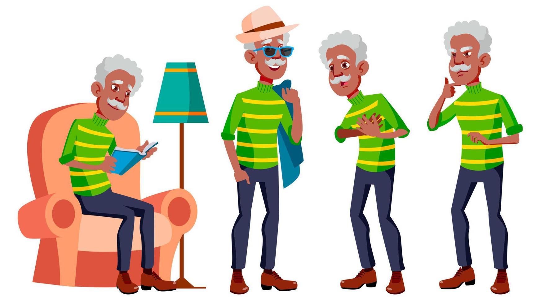 gammal man poser uppsättning vektor. svart. afro amerikansk. äldre människor. senior person. åldrig. caucasian pensionär. leende. annons, hälsning, meddelande design. isolerat tecknad serie illustration vektor