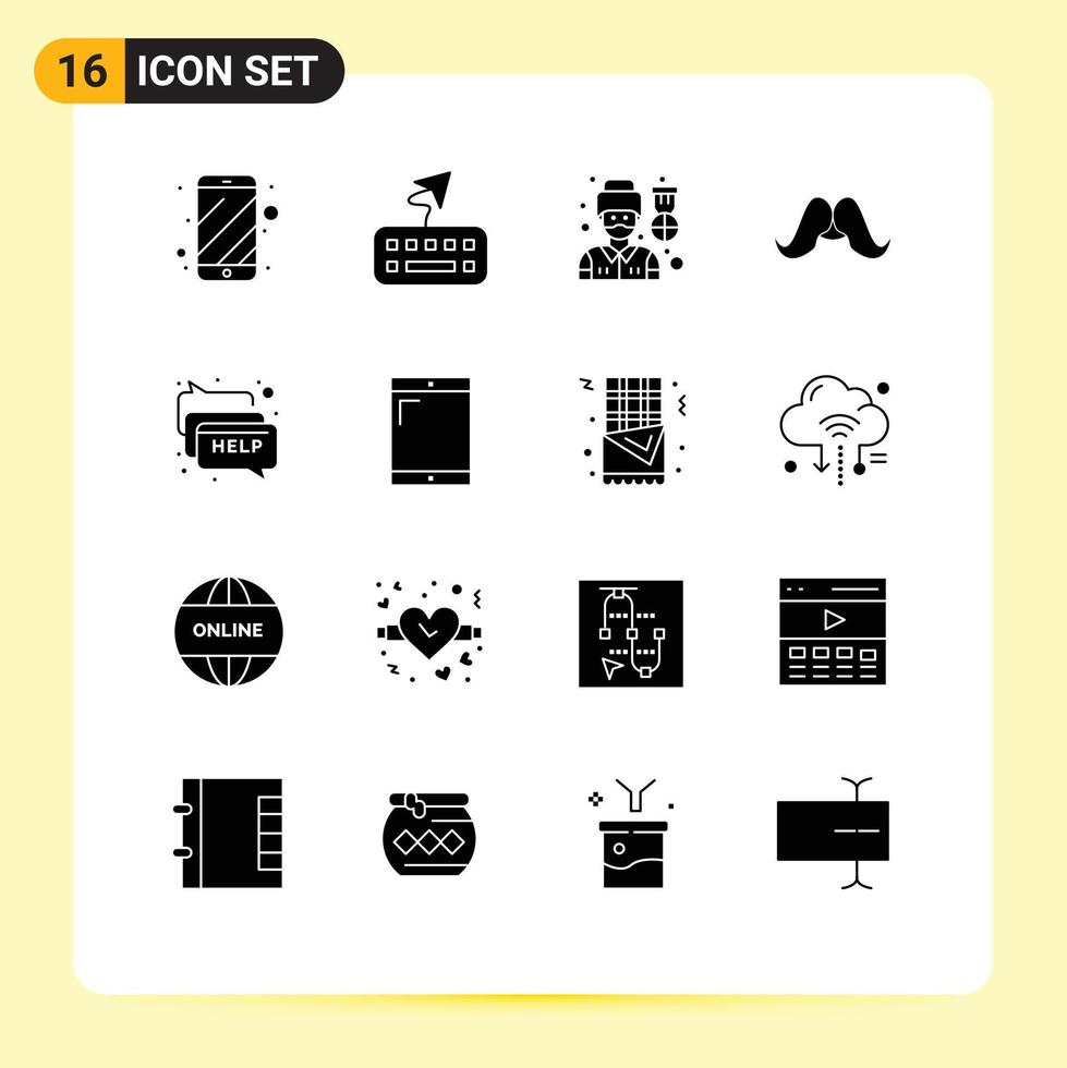 universell ikon symboler grupp av 16 modern fast glyfer av kommunikation män pilot manlig hipster redigerbar vektor design element