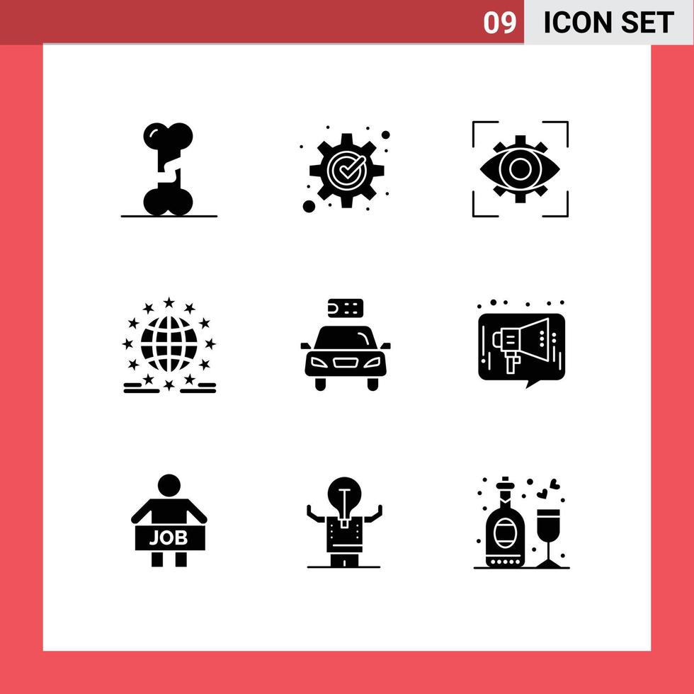 Piktogrammsatz aus 9 einfachen soliden Glyphen von Online-Internet-Sehvermögen globale Vision editierbare Vektordesign-Elemente vektor