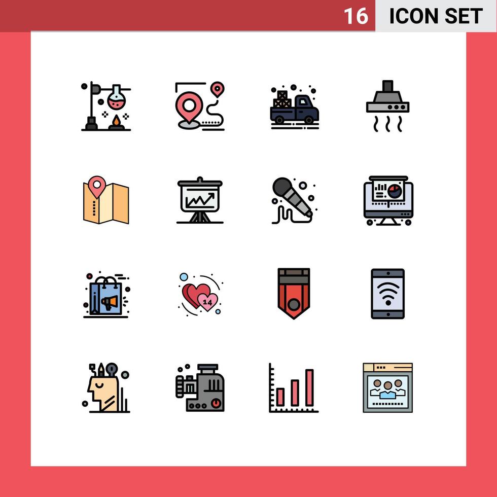 Gruppe von 16 flachen, farbig gefüllten Linien Zeichen und Symbolen für die Lage Lebensmittelgeschäft Position Lebensmittel Landwirtschaft editierbare kreative Vektordesign-Elemente vektor