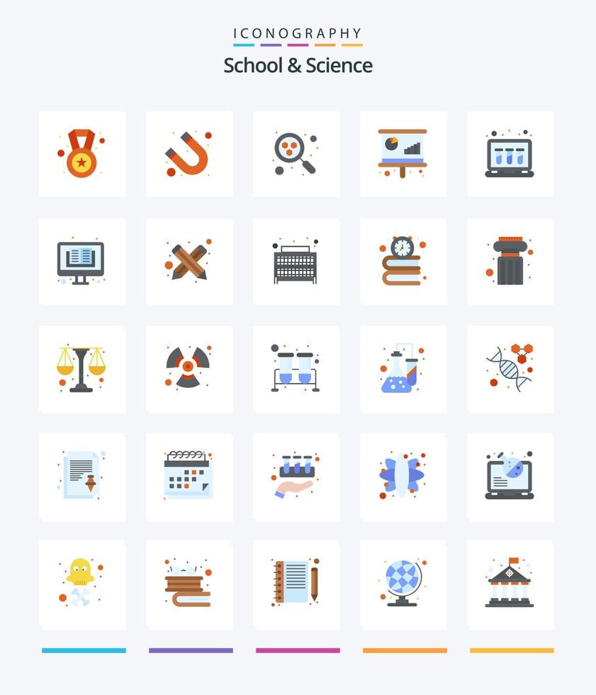 kreative Schule und Wissenschaft 25 Flat Icon Pack wie Online-Experiment. . Atom. Ausbildung. Konferenz vektor