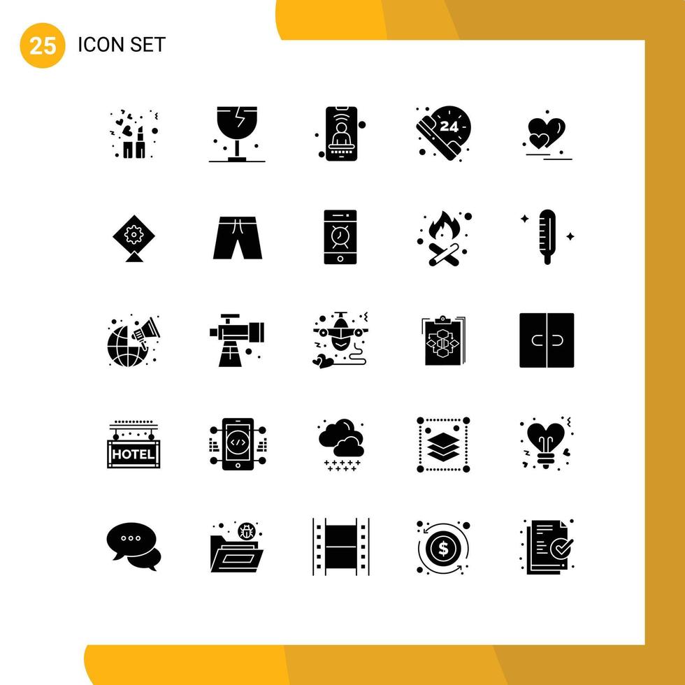 Piktogrammsatz von 25 einfachen soliden Glyphen von Paarherzen mobiler Überlebensstunden editierbare Vektordesign-Elemente vektor