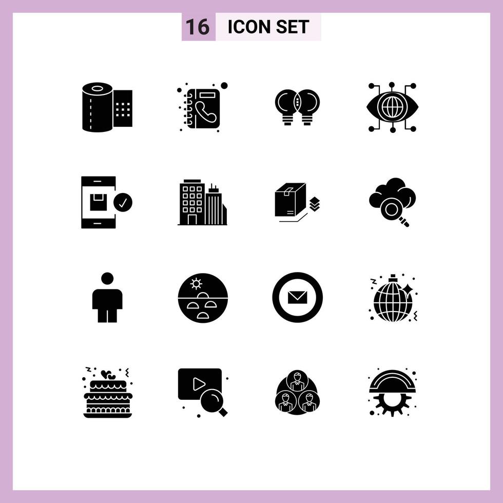 mobil gränssnitt fast glyf uppsättning av 16 piktogram av kolla upp syn aning teknologi data redigerbar vektor design element
