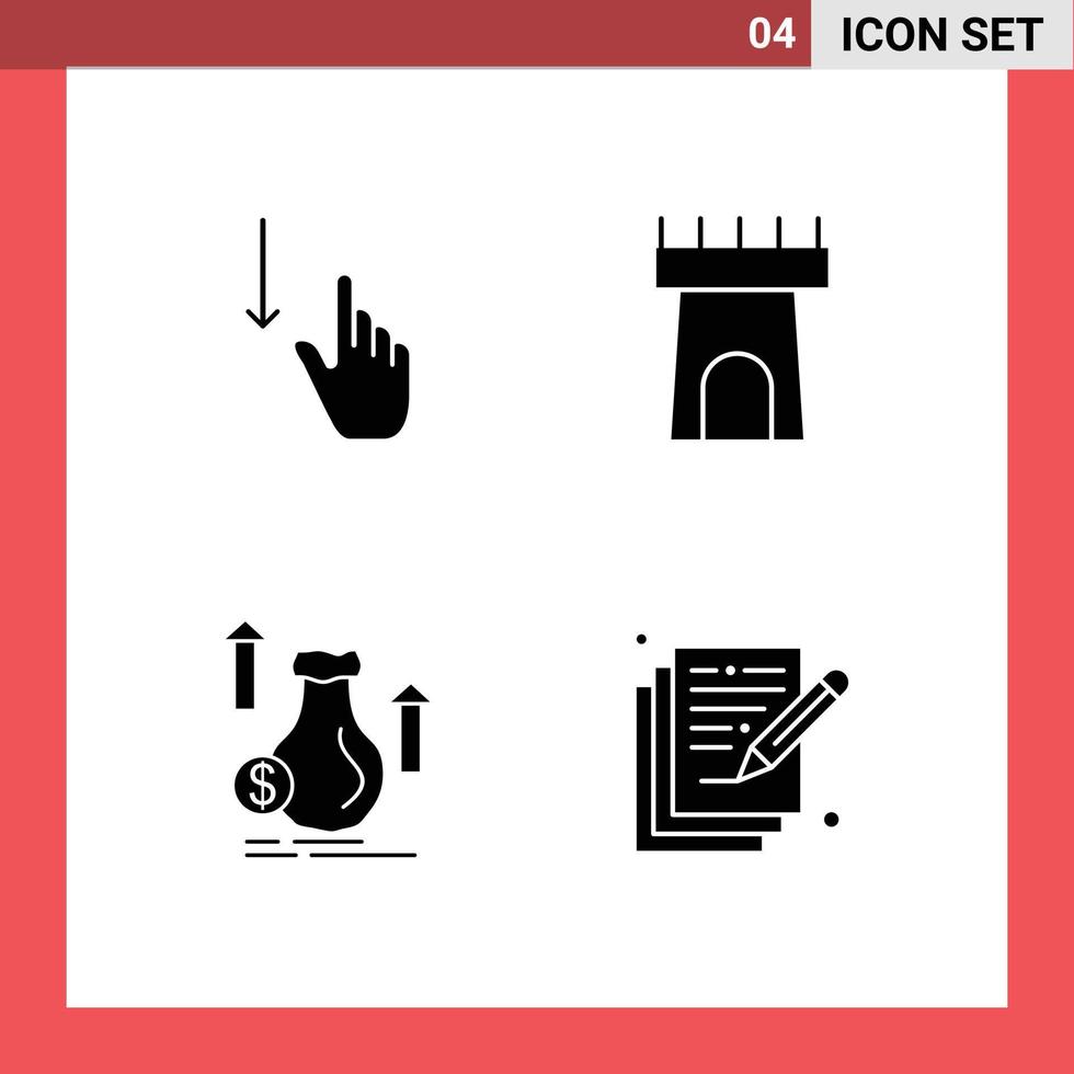 Packung mit 4 modernen soliden Glyphen Zeichen und Symbolen für Web-Printmedien wie Down-Bag-Gesten Castle Growth editierbare Vektordesign-Elemente vektor