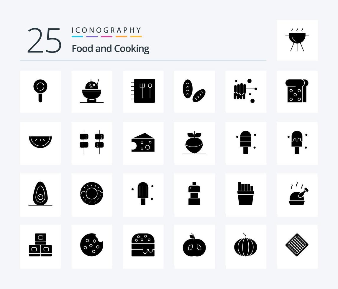 Food 25 solides Glyphen-Icon-Pack inklusive Marshmallow. Wassermelone. Lebensmittel. Obst. Toast vektor