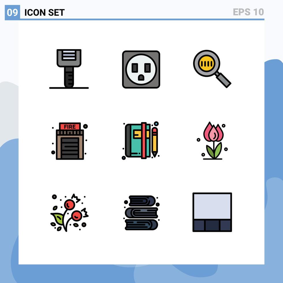 universelle Symbolsymbole Gruppe von 9 modernen gefüllten flachen Farben von Nachrichtenartikeln Lupe Buchhaus editierbare Vektordesign-Elemente vektor