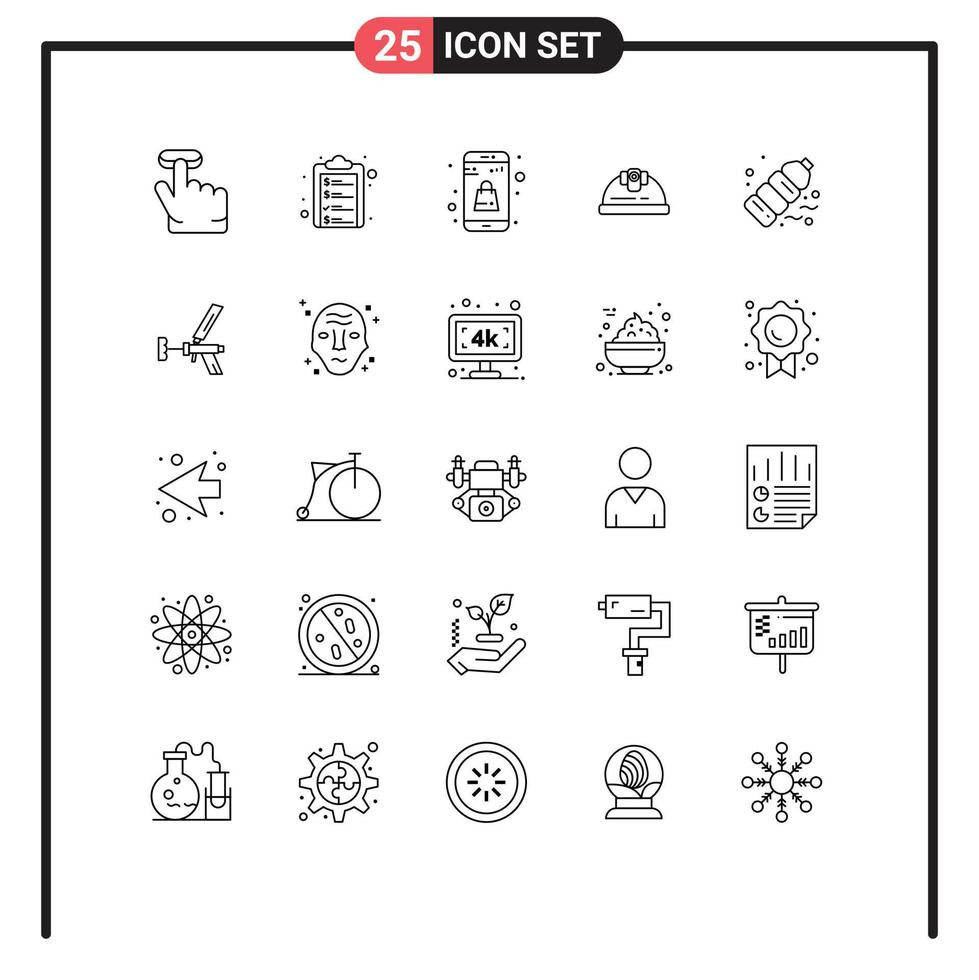 Stock Vector Icon Pack mit 25 Linienzeichen und Symbolen für Plastikflaschen Plain Construction Engineer editierbare Vektordesign-Elemente