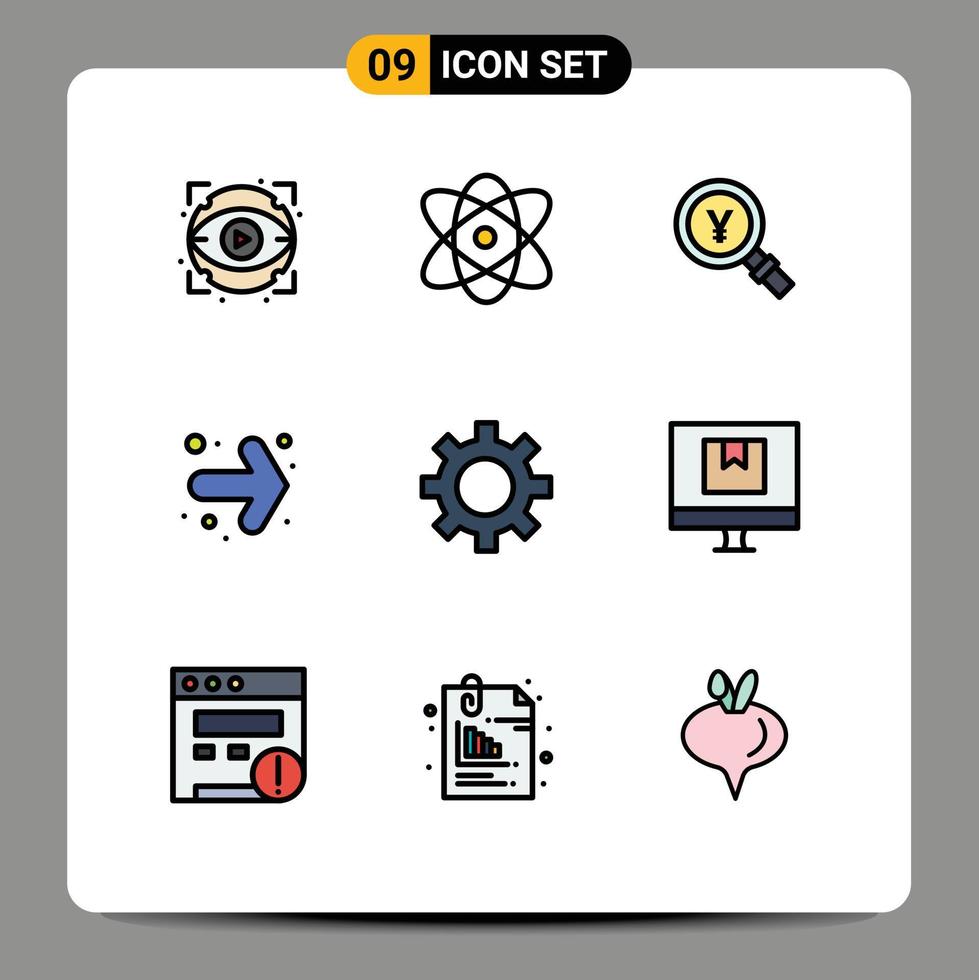 9 universell fylld linje platt färger uppsättning för webb och mobil tillämpningar redskap rätt yen tillbaka hitta redigerbar vektor design element