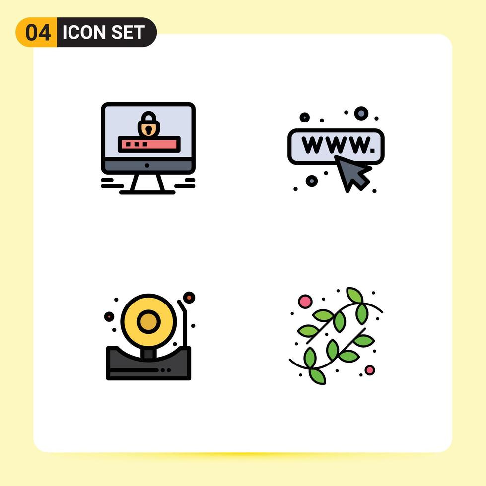 uppsättning av 4 vektor fylld linje platt färger på rutnät för dator klocka säkerhet webbsida knoppar redigerbar vektor design element