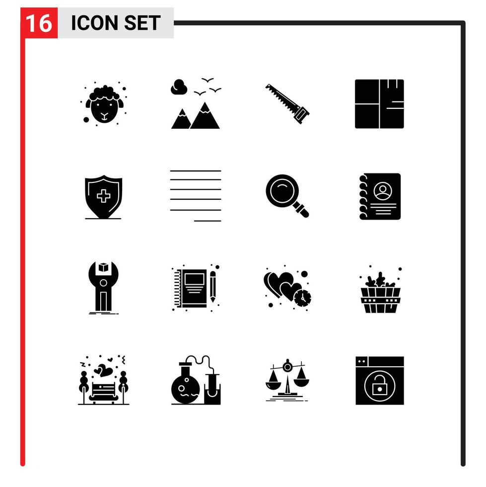 16 solides Glyphen-Konzept für mobile Websites und Apps, Anlagengebäude, sahen Blaupausenwerkzeuge, editierbare Vektordesign-Elemente vektor