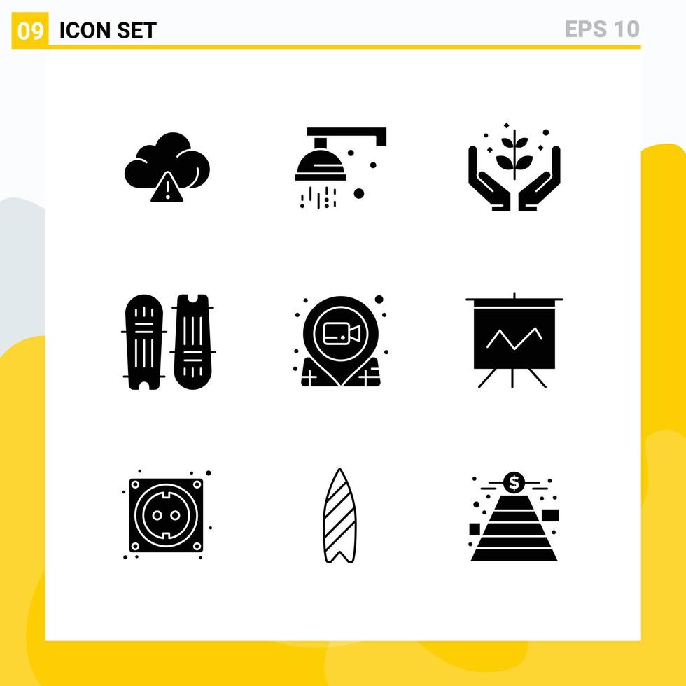 Gruppe von 9 modernen soliden Glyphen für Film-Cricket-Ausrüstung, die Cricketschläger bearbeitbare Vektordesign-Elemente für Cricket bewirtschaftet vektor