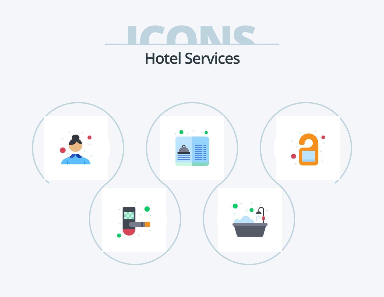 Hotelservices flach Icon Pack 5 Icon Design. Hotel. beschäftigt. Putzfrau. reisen. Speisekarte vektor