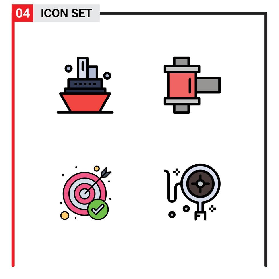 Piktogrammsatz aus 4 einfachen, gefüllten, flachen Farben von Kreuzfahrtzielfilm-Erfolgseinkäufen, editierbaren Vektordesign-Elementen vektor