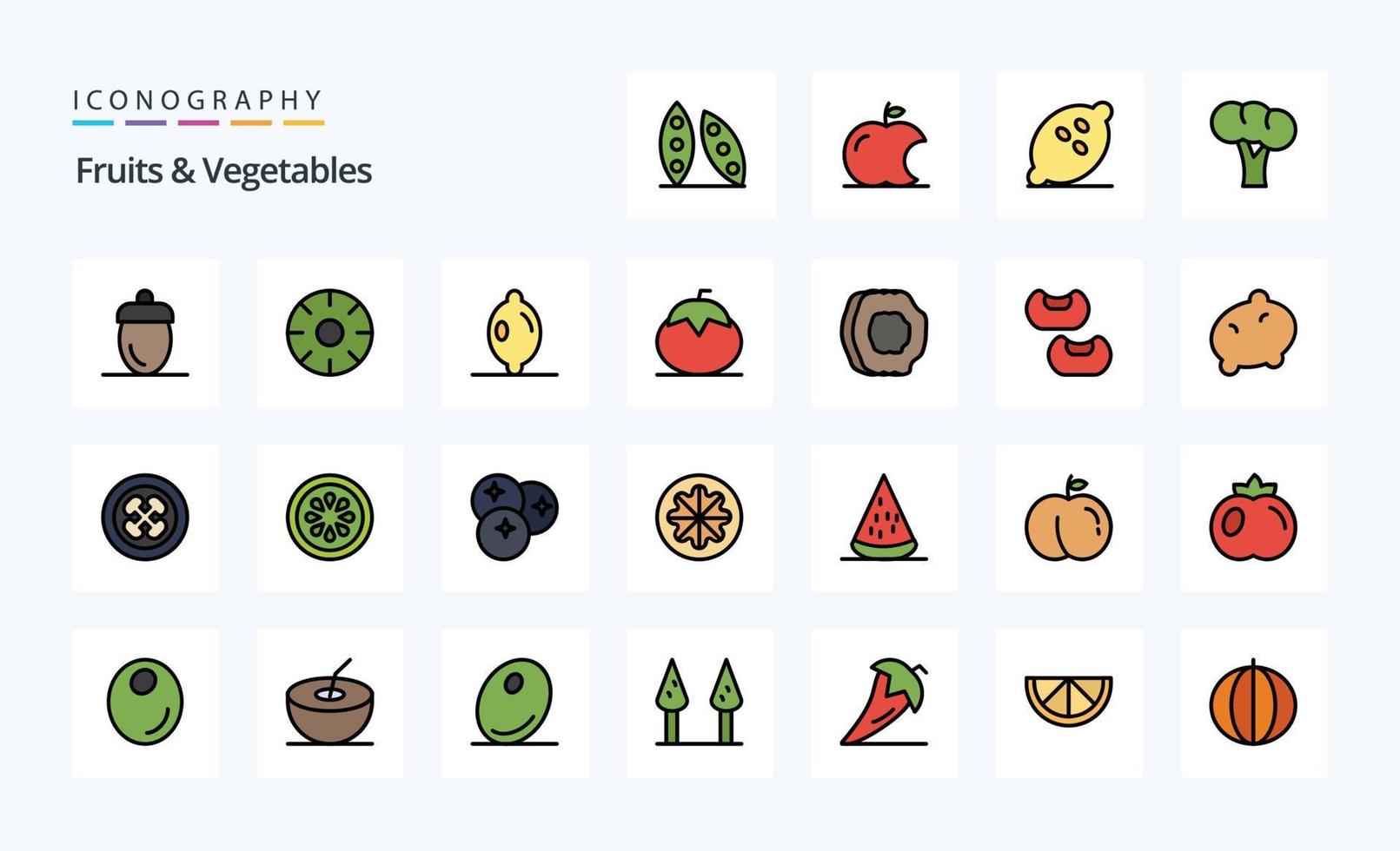 25 frukt grönsaker linje fylld stil ikon packa vektor