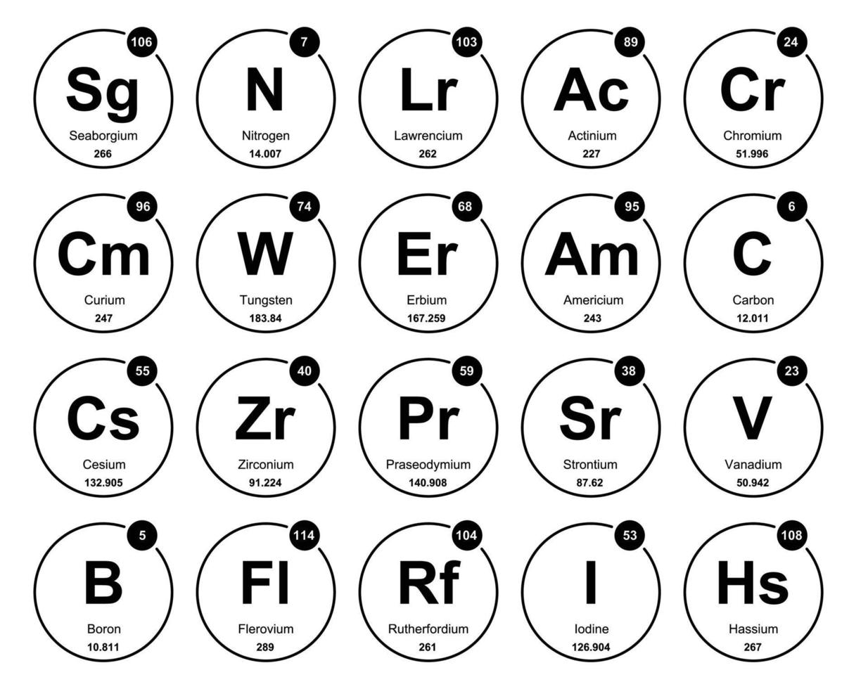 20 prejodisk tabell av de element ikon packa design vektor