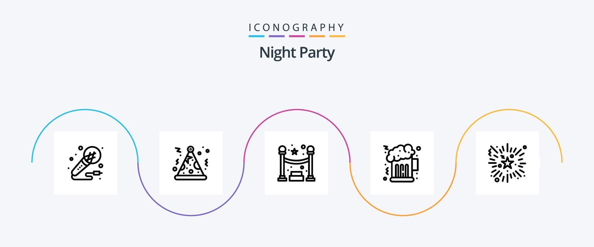 Night Party Line 5 Icon Pack inklusive Night Party. Feuerwerk. Warteschlange. Veranstaltung. Nacht vektor