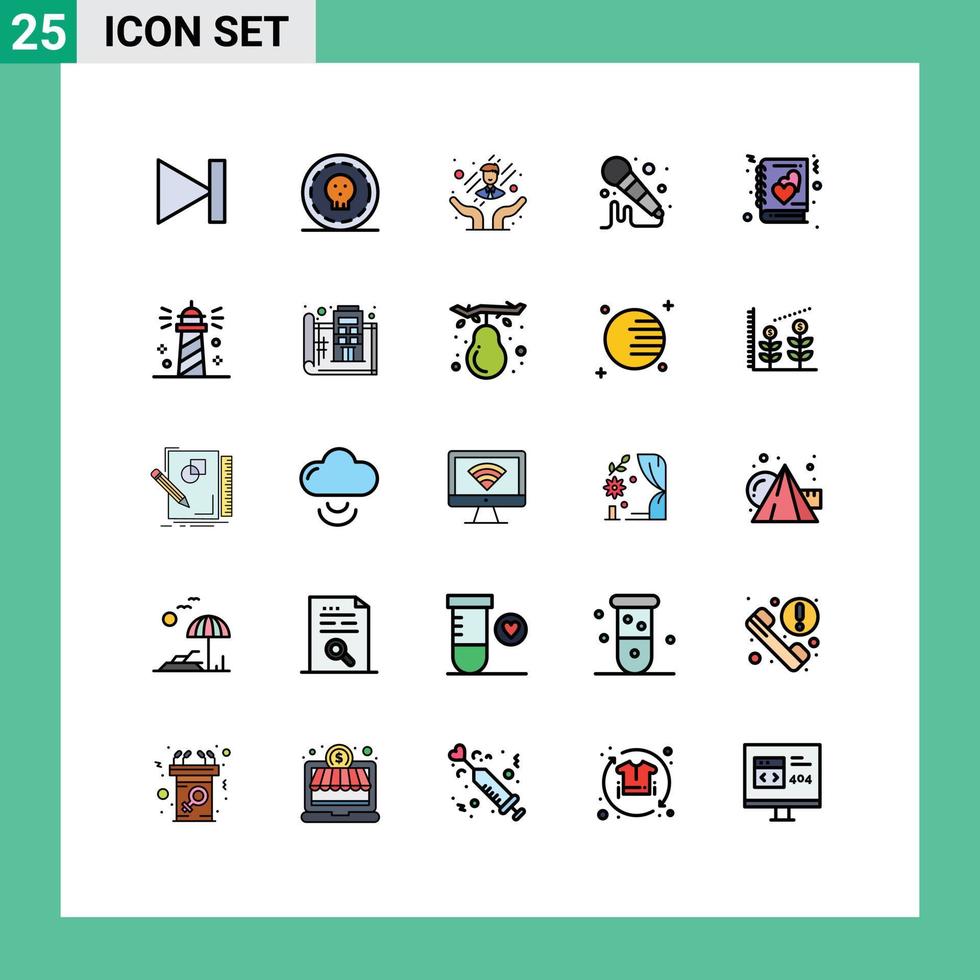 gruppe von 25 modernen gefüllten linienflachfarben für bearbeitbare vektordesignelemente des geschichtenliebespflegebuchmikrofons vektor