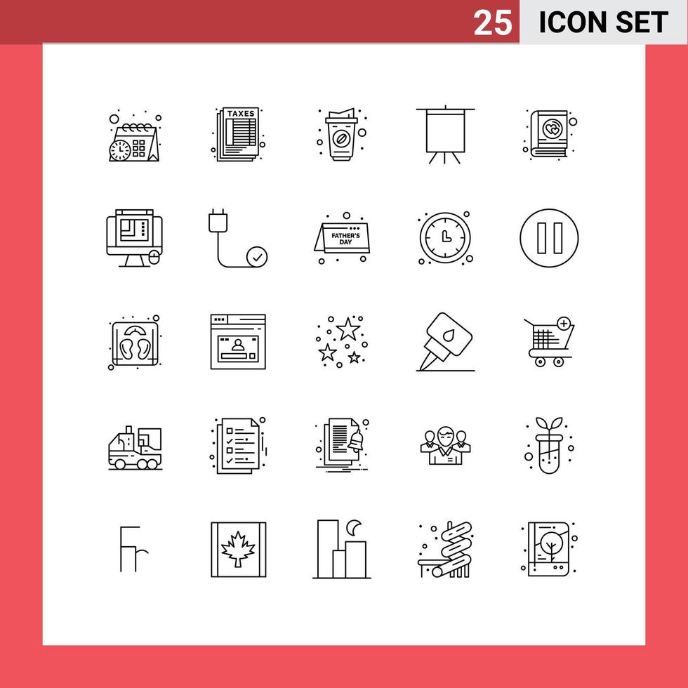 universelle Symbolsymbole Gruppe von 25 modernen Linien von Valentine Love Cup Book Board editierbare Vektordesign-Elemente vektor