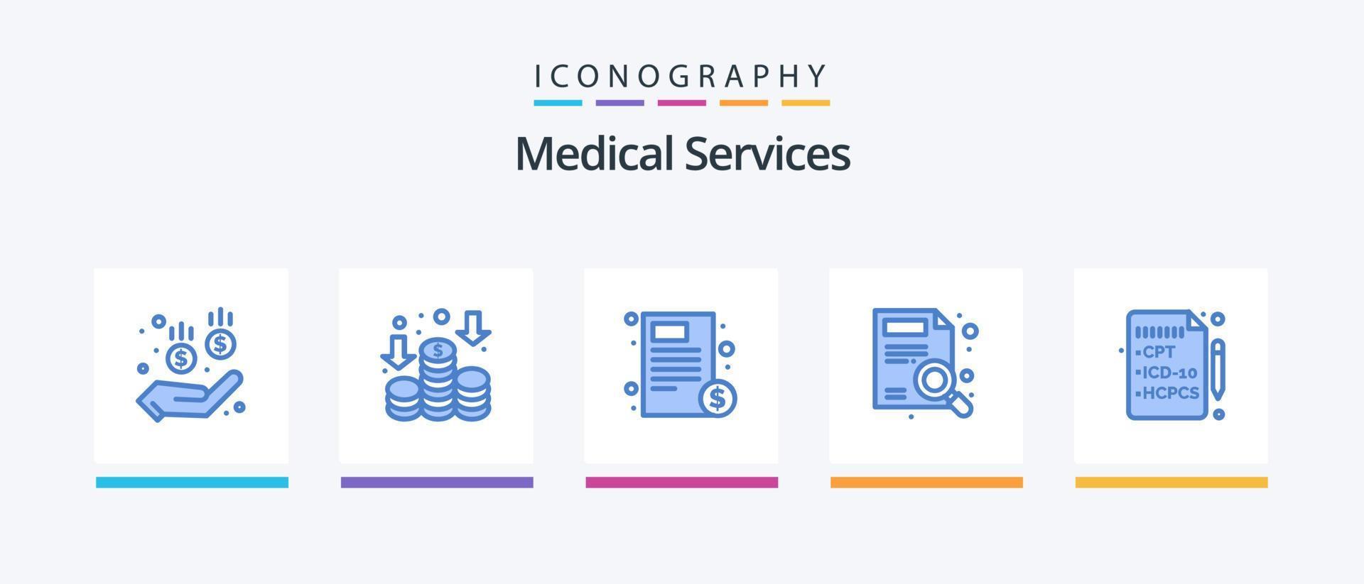 medizinische dienstleistungen blau 5 symbolpaket einschließlich medizinisch. Gesundheit. Gesundheitswesen. Suche. Lupe. kreatives Symboldesign vektor