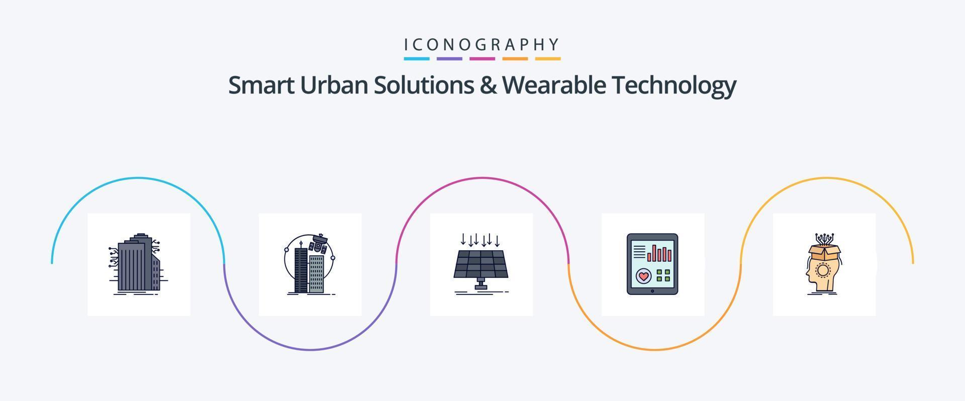 Intelligente urbane Lösungen und tragbare Technologielinie gefülltes flaches 5-Icon-Paket mit Herz. Überwachung. Satellit. intelligente Stadt. Energie vektor