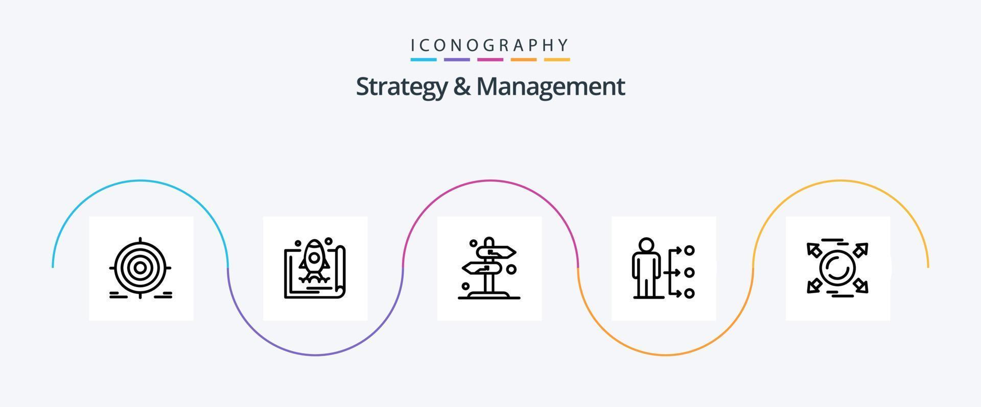 Strategie- und Managementlinie 5 Icon Pack inklusive Netzwerk. anschließen. Marketing. Pfeil. Zeichen vektor