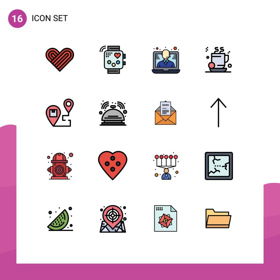 moderner Satz von 16 flachen, farbig gefüllten Linien Piktogramm der Zielgeschäftskonferenz Kaffee Tee editierbare kreative Vektordesign-Elemente vektor