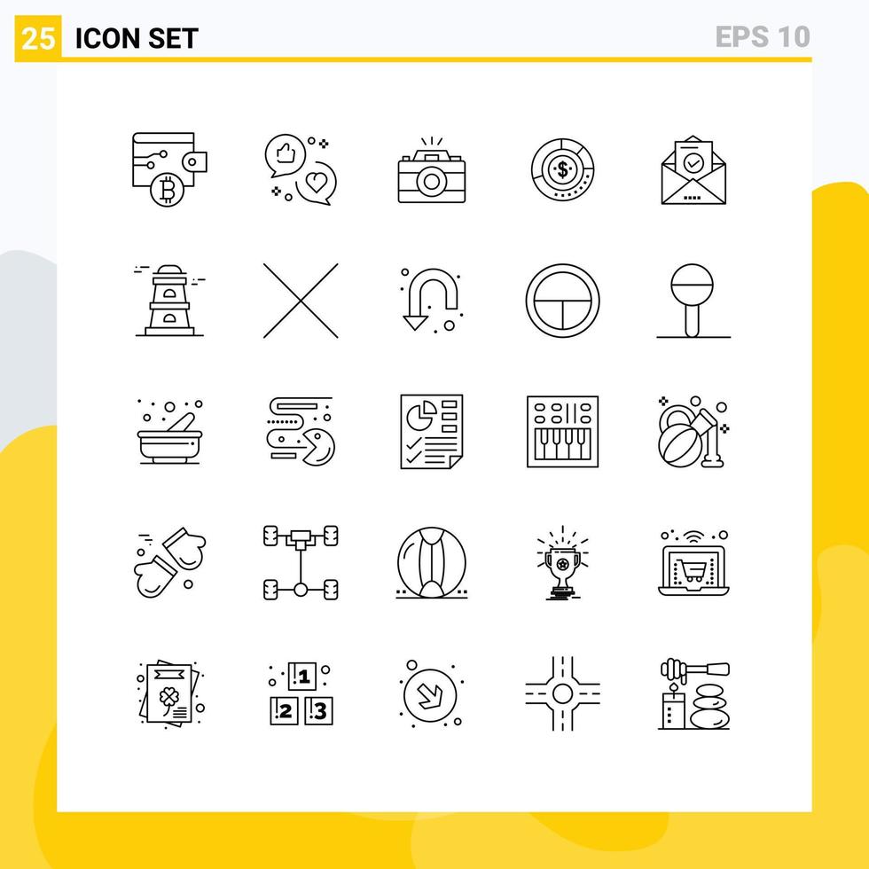 25 universelle Linien für Web- und mobile Anwendungen, Finanzdiagramm, Kamera-Budgetdiagramm, bearbeitbare Vektordesign-Elemente vektor