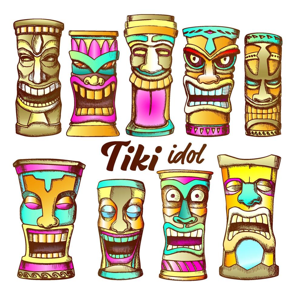 tiki idol samling totem årgång Färg uppsättning vektor