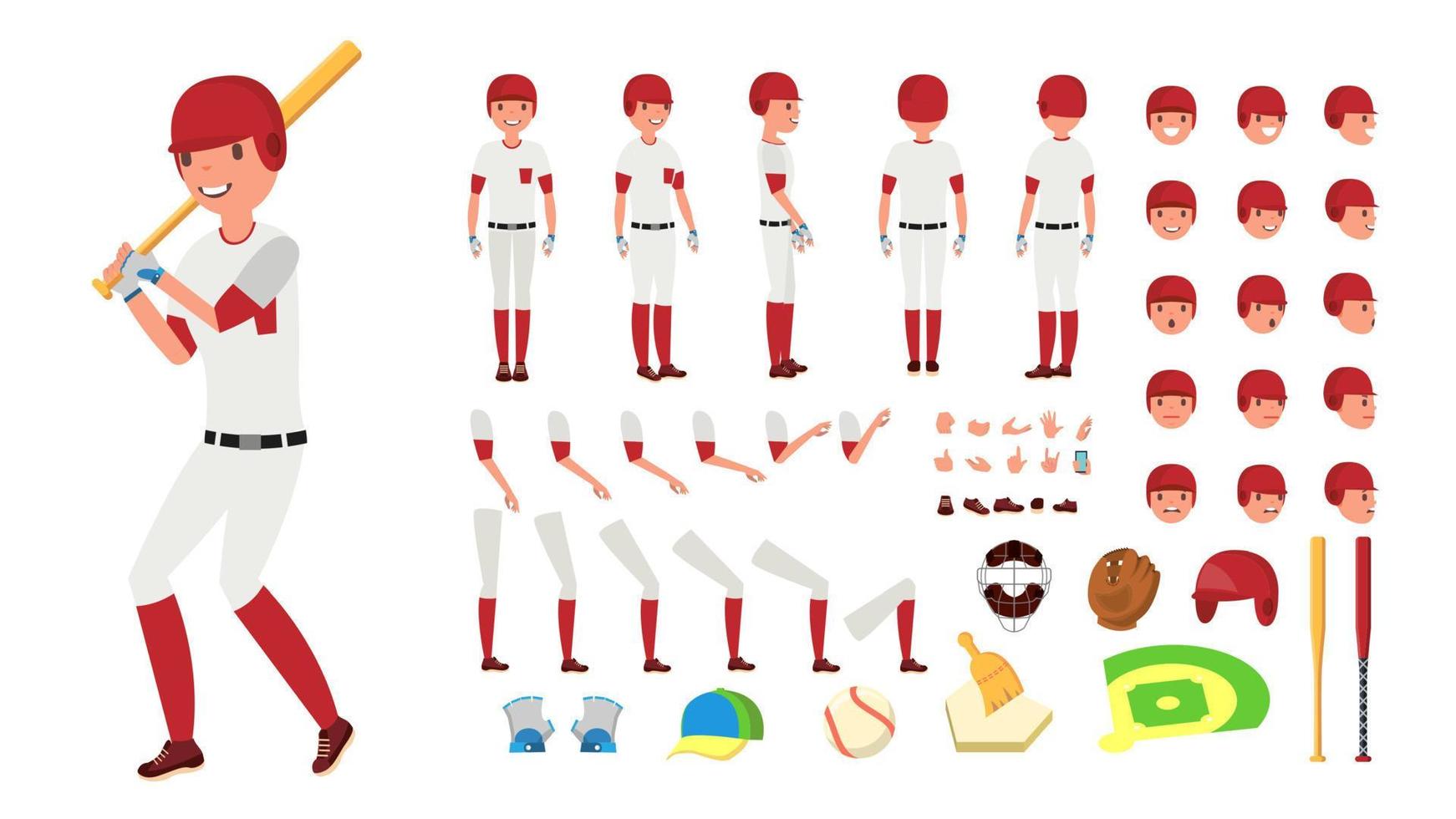 baseboll spelare vektor. animerad karaktär skapande uppsättning. amerikan bas boll verktyg och Utrustning. full längd, främre, sida, tillbaka se, Tillbehör, poserar, ansikte känslor, gester. isolerat platt tecknad serie vektor